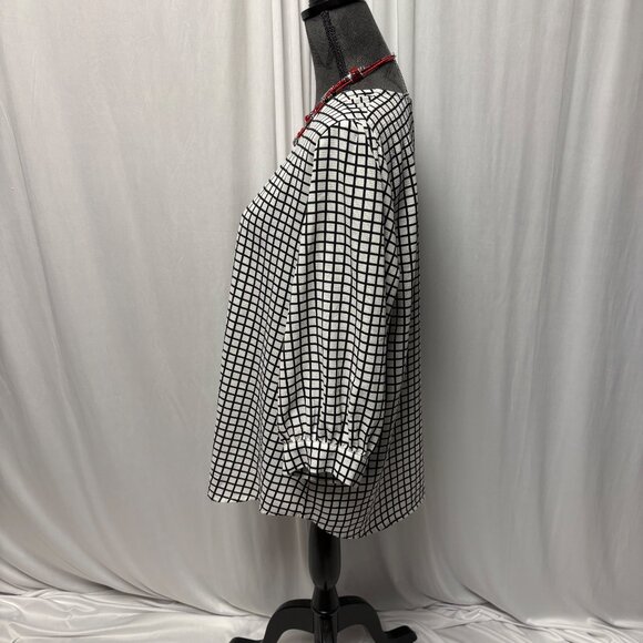 Adrianna Papell Blouse Womens Size Large Black White Windowpane Puff Sleeve Top - Picture 4 of 9